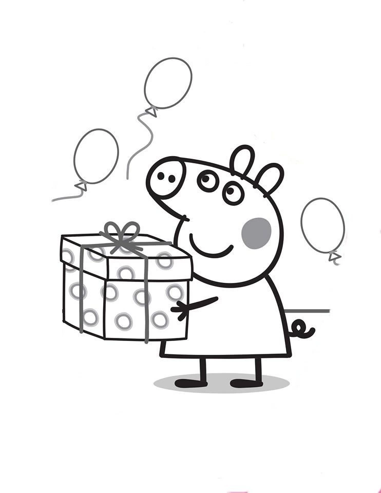 Coloring page Peppa with a gift for her birthday